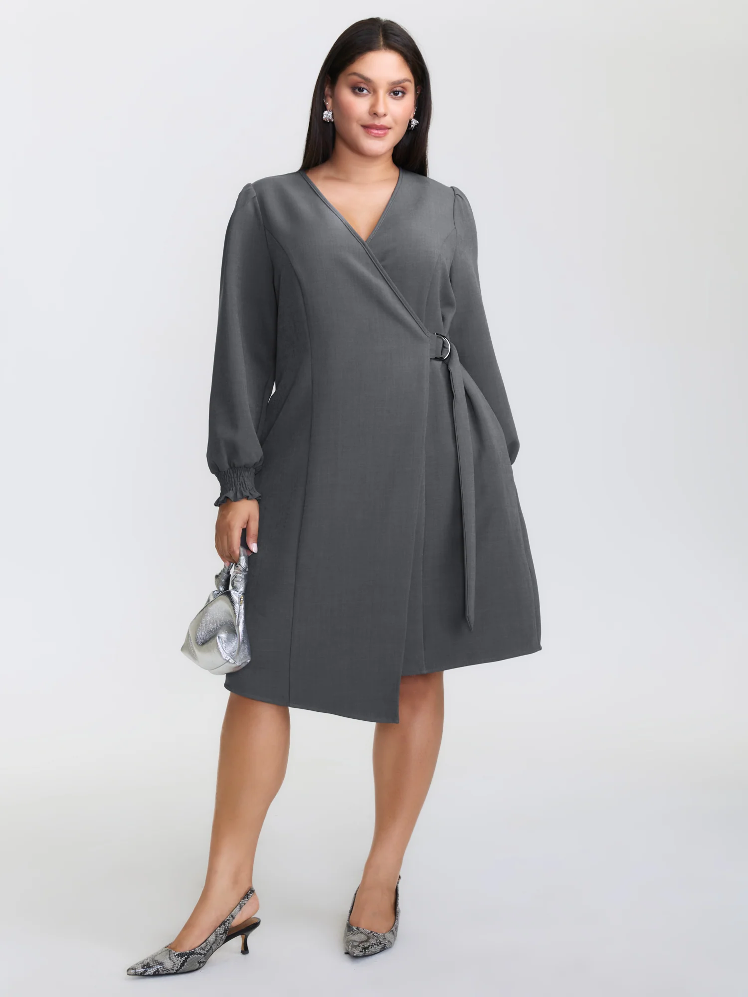 Side Buckle Cinched-Waist Faux Wrap Midi Dress - Image 2