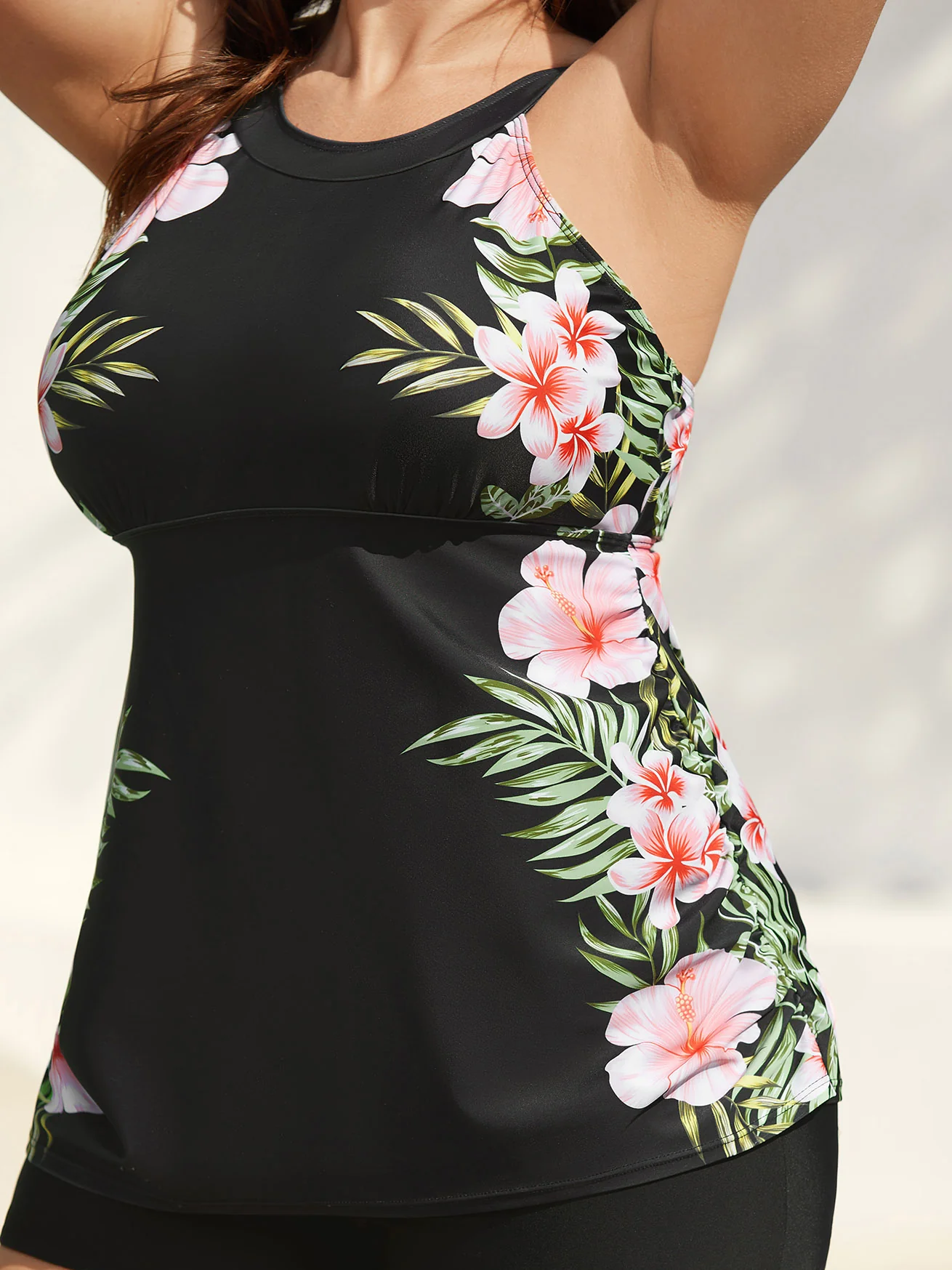 Side Floral Pattern Round Neck Swim Top - Image 4