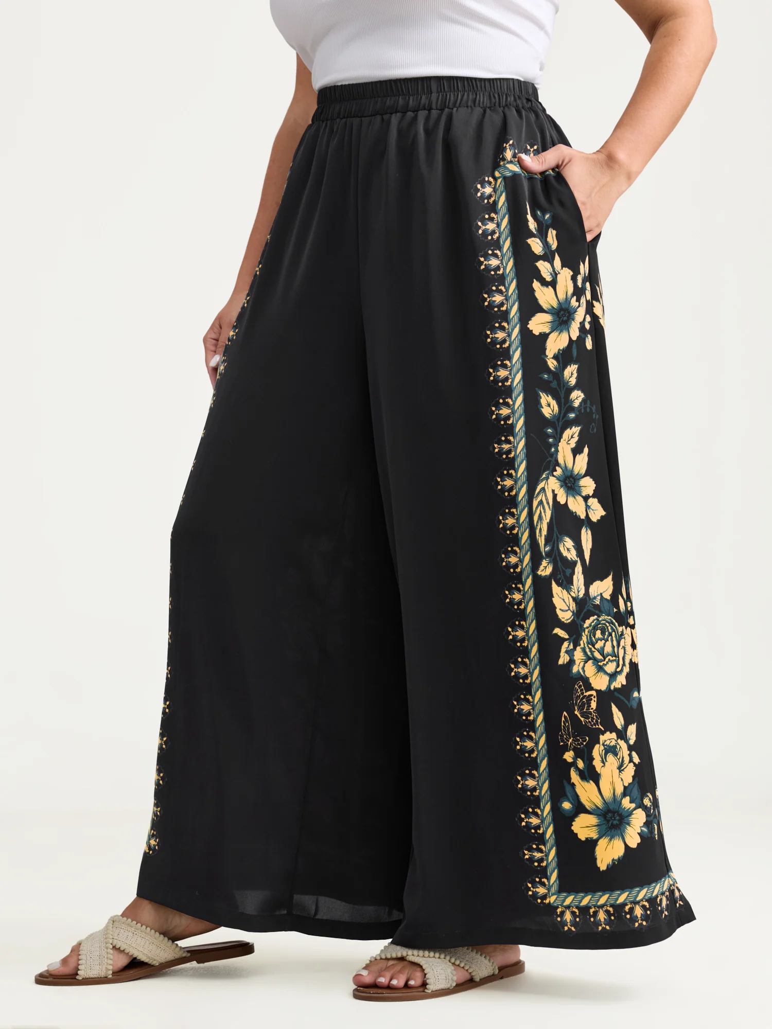 Side Floral Print Wide-Leg Pants - Image 2