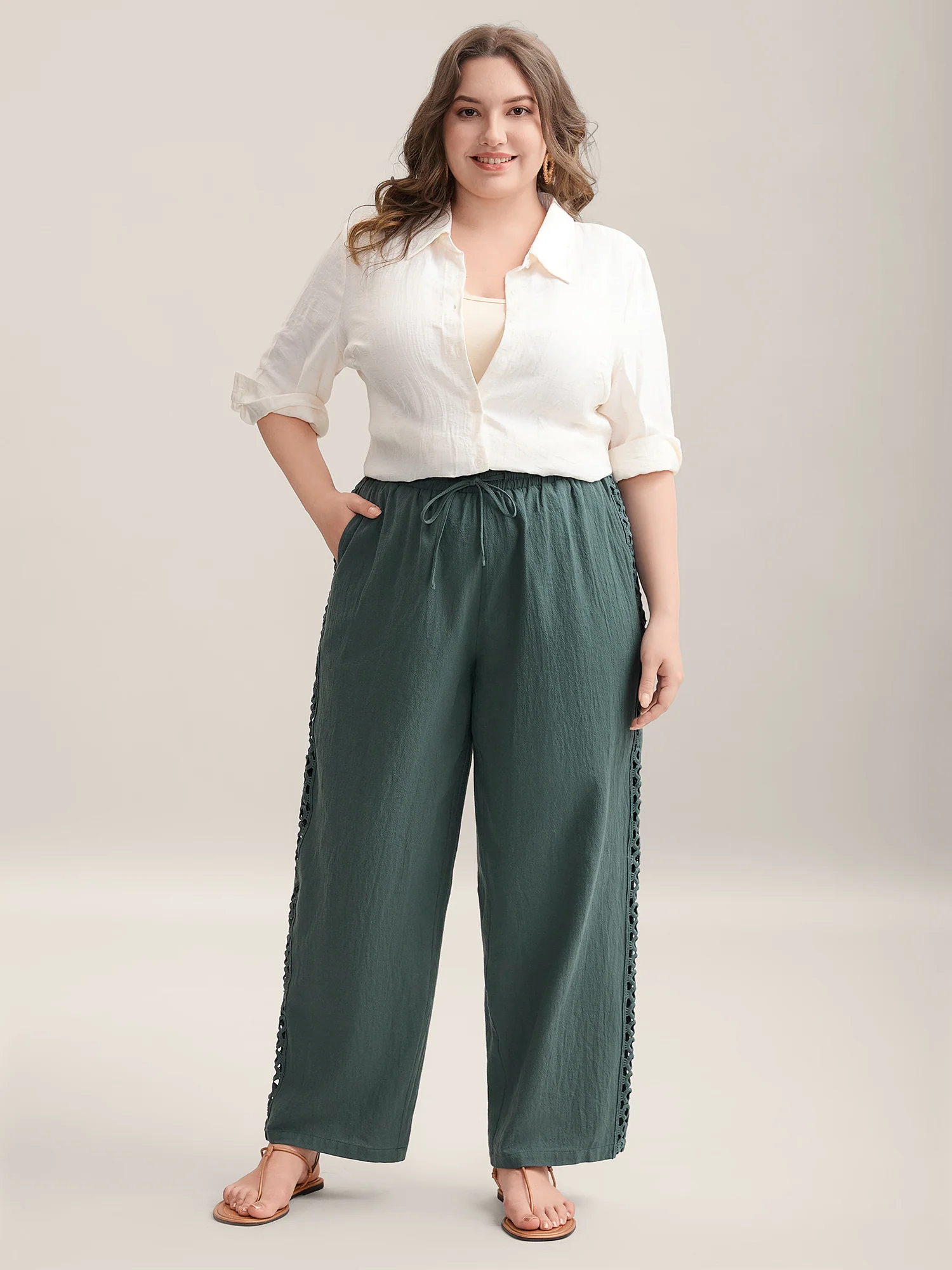Cotton Side Lace Straight-Fit Plain Pants - Image 2