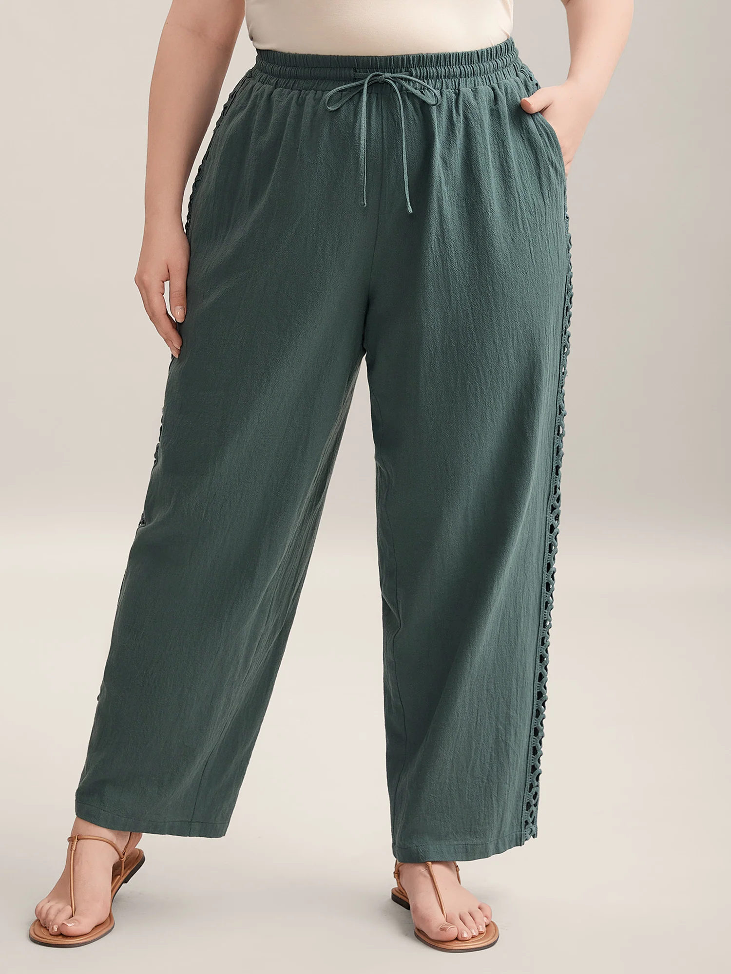 Cotton Side Lace Straight-Fit Plain Pants - Image 4