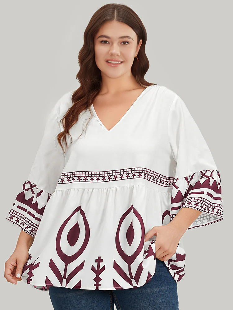 Silhouette Floral Print Bell Sleeve Ruffle Hem Blouse - Image 6