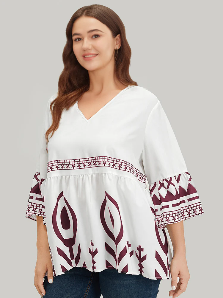 Silhouette Floral Print Bell Sleeve Ruffle Hem Blouse - Image 8
