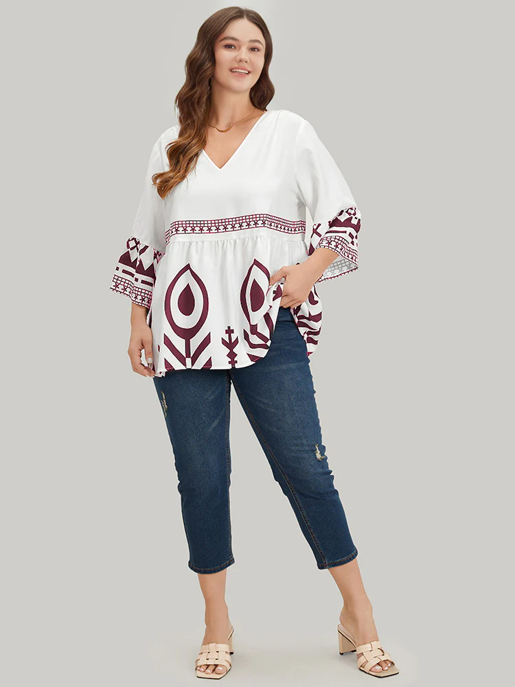 Silhouette Floral Print Bell Sleeve Ruffle Hem Blouse - Image 9