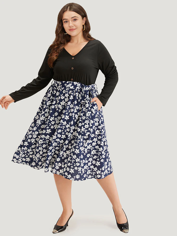 Silhouette Floral Print Belted Button Detail Dress - Image 5