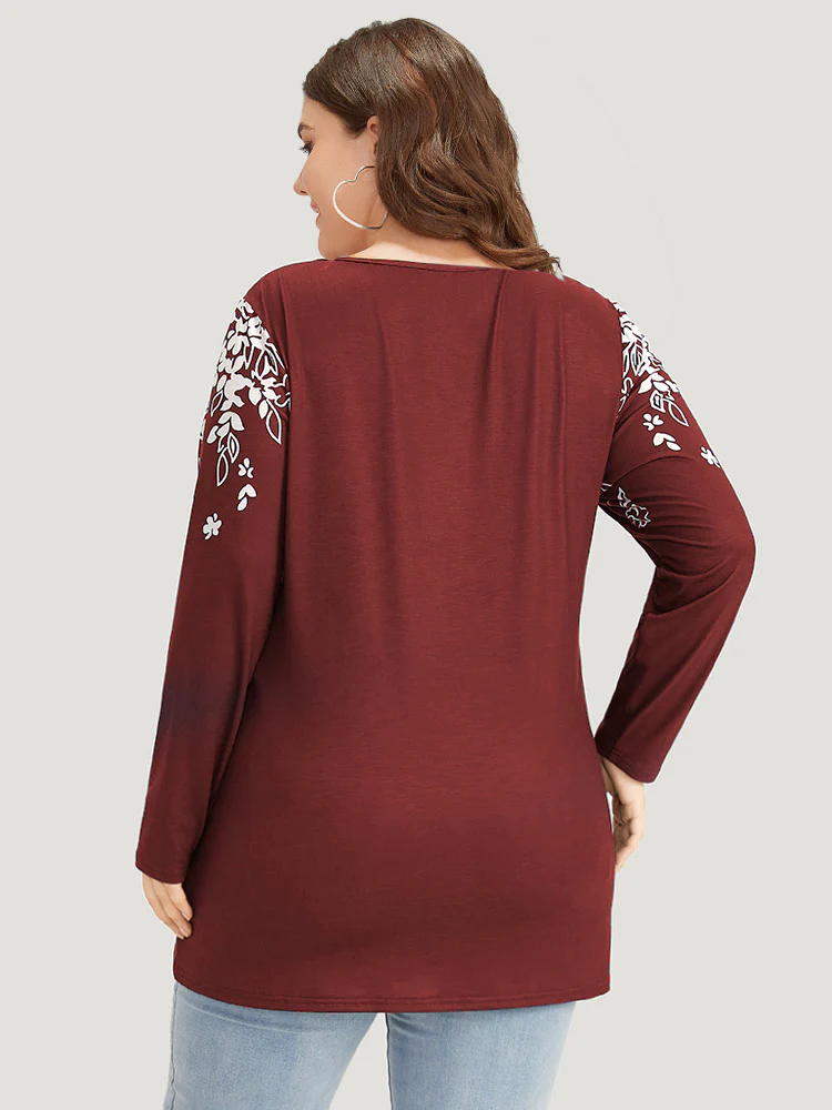 Silhouette Floral Print Button Detail Arc Hem T-shirt - Image 2