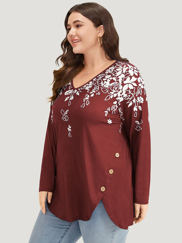 Silhouette Floral Print Button Detail Arc Hem T-shirt - Image 3