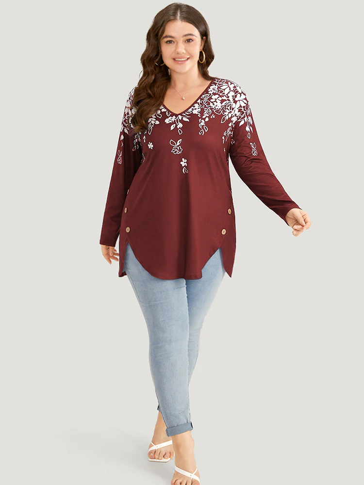 Silhouette Floral Print Button Detail Arc Hem T-shirt - Image 4