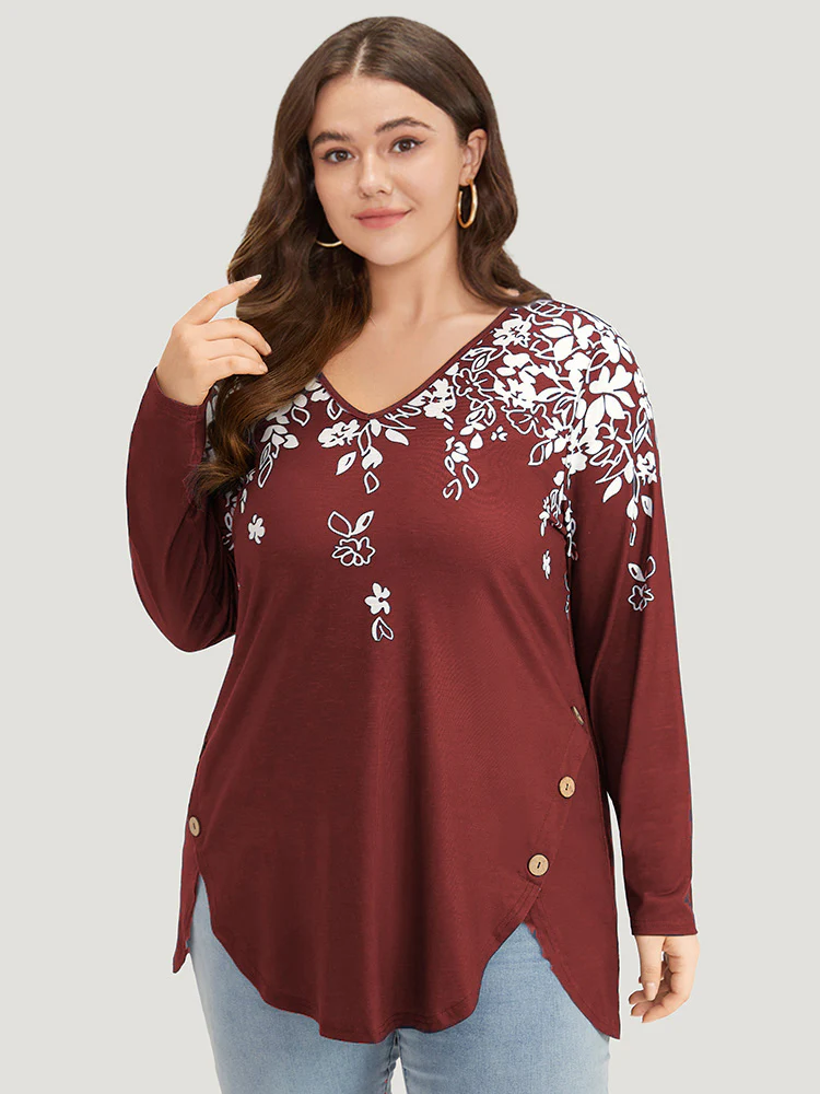 Silhouette Floral Print Button Detail Arc Hem T-shirt - Image 5