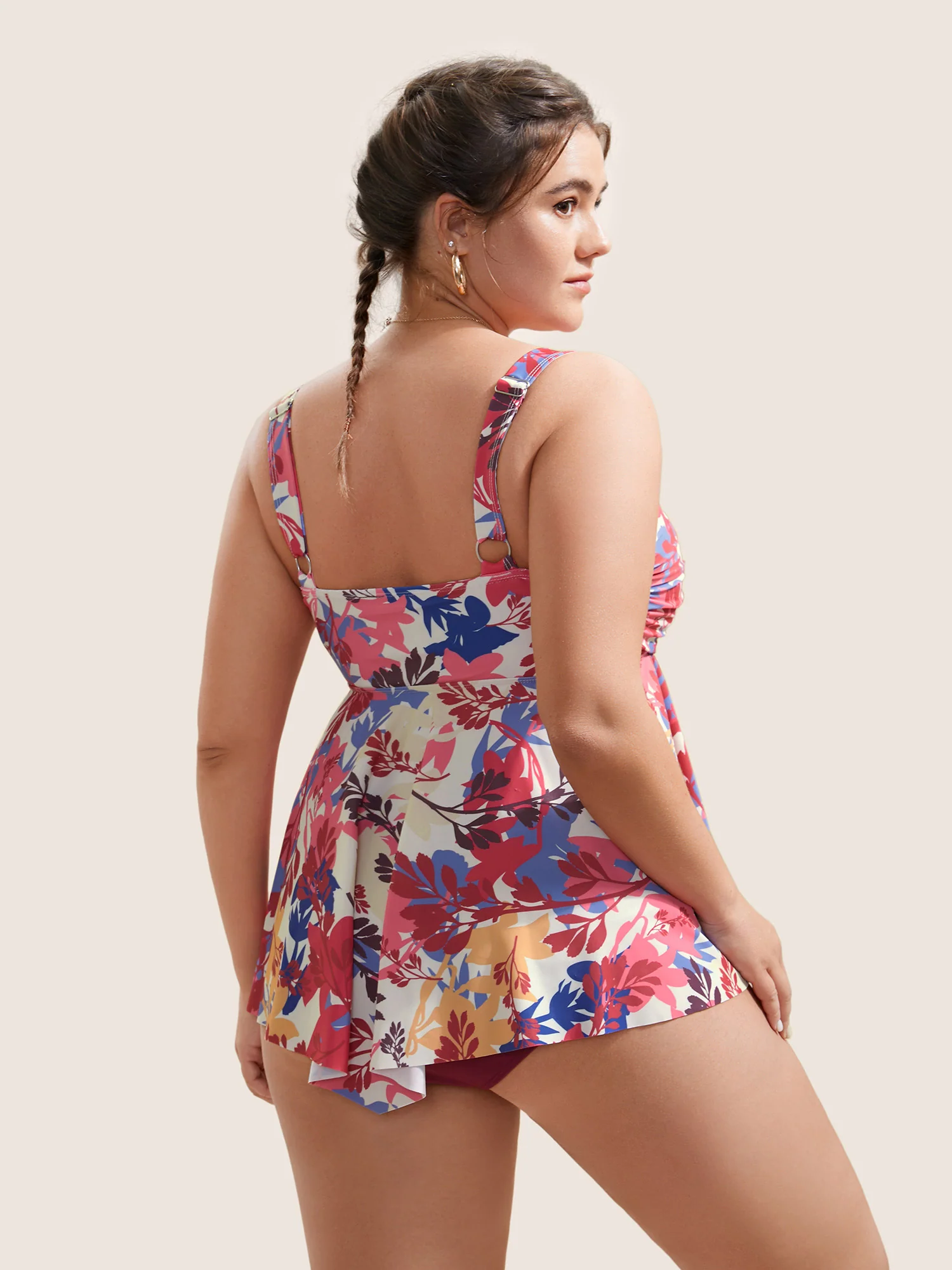 Silhouette Floral Print Crossover Tiered Hem Swim Top - Image 2