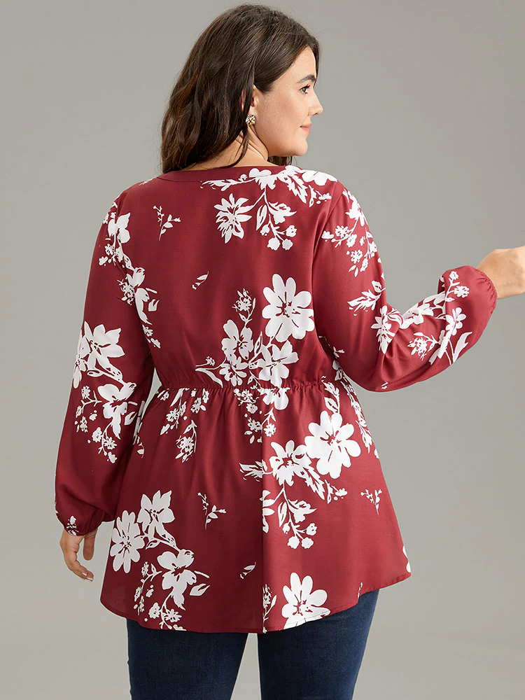 Silhouette Floral Print Elastic Waist Cut Out Blouse - Image 2
