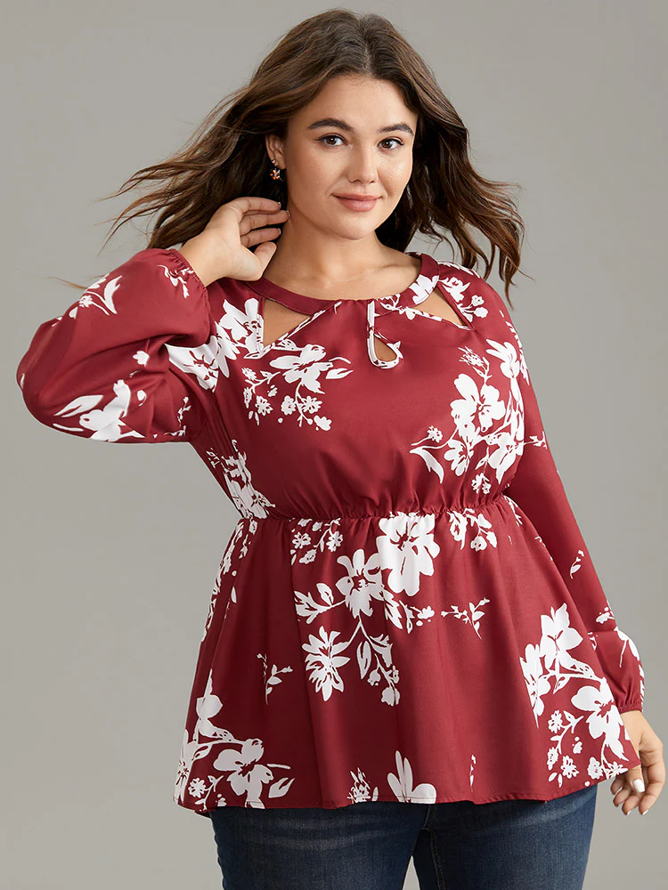Silhouette Floral Print Elastic Waist Cut Out Blouse - Image 3