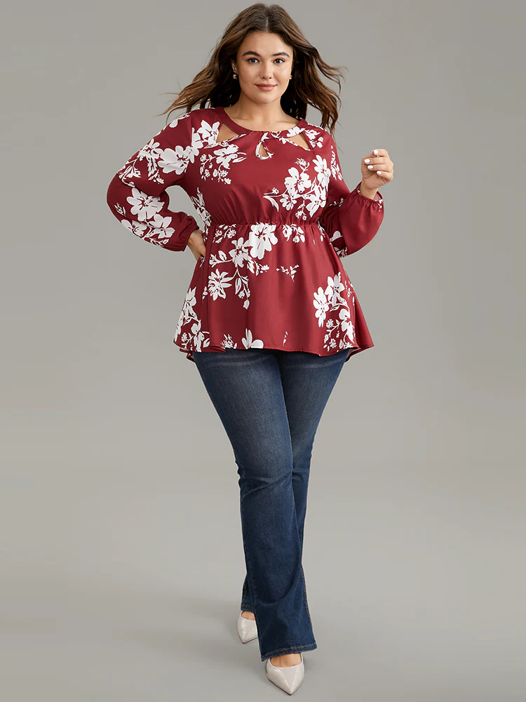 Silhouette Floral Print Elastic Waist Cut Out Blouse - Image 4