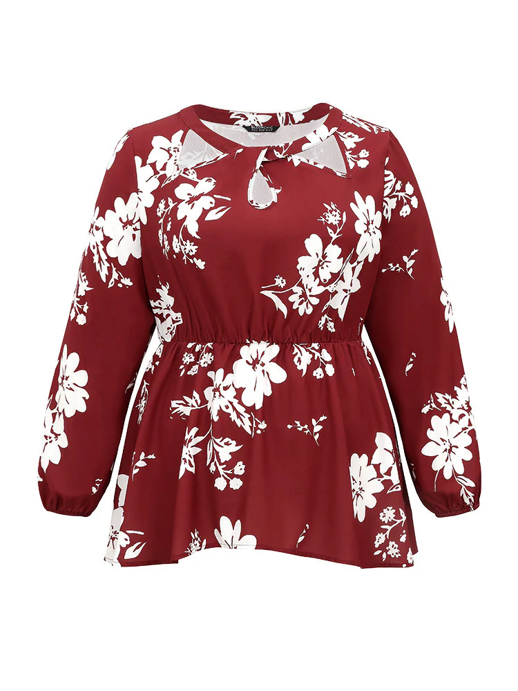 Silhouette Floral Print Elastic Waist Cut Out Blouse - Image 6