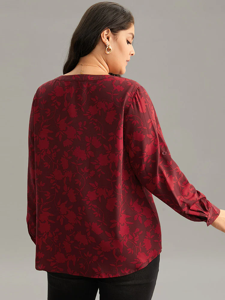 Silhouette Floral Print Gathered Tab Sleeve Blouse - Image 2