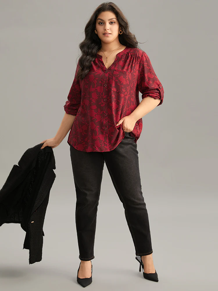 Silhouette Floral Print Gathered Tab Sleeve Blouse - Image 3