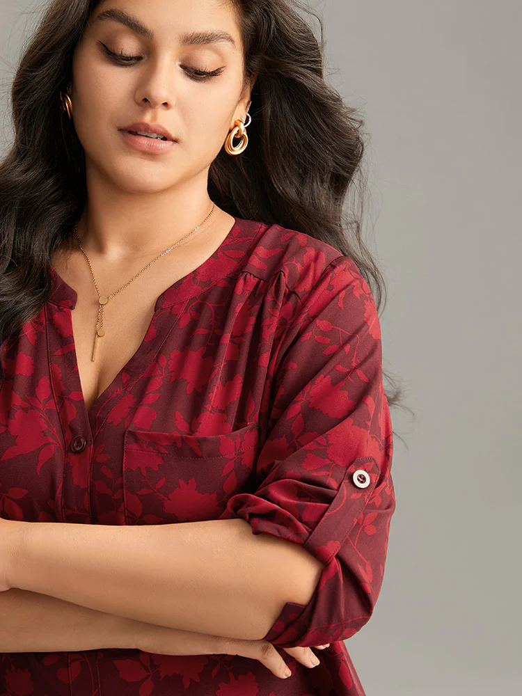 Silhouette Floral Print Gathered Tab Sleeve Blouse - Image 4