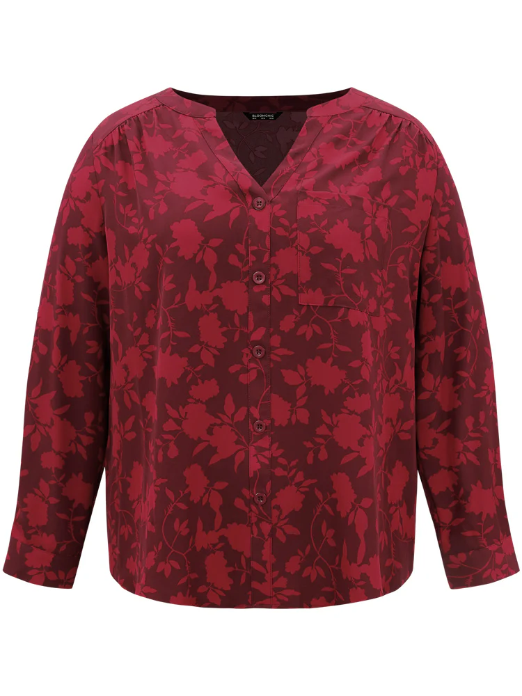 Silhouette Floral Print Gathered Tab Sleeve Blouse - Image 5