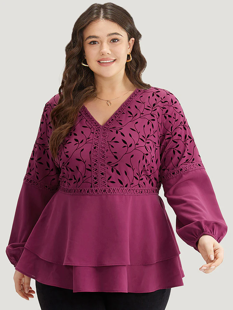 Silhouette Floral Print Lace Patchwork Layered Hem Blouse