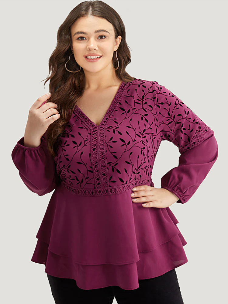 Silhouette Floral Print Lace Patchwork Layered Hem Blouse - Image 2
