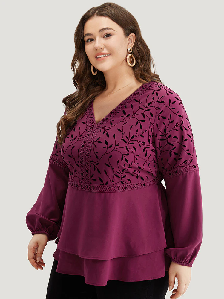 Silhouette Floral Print Lace Patchwork Layered Hem Blouse - Image 5