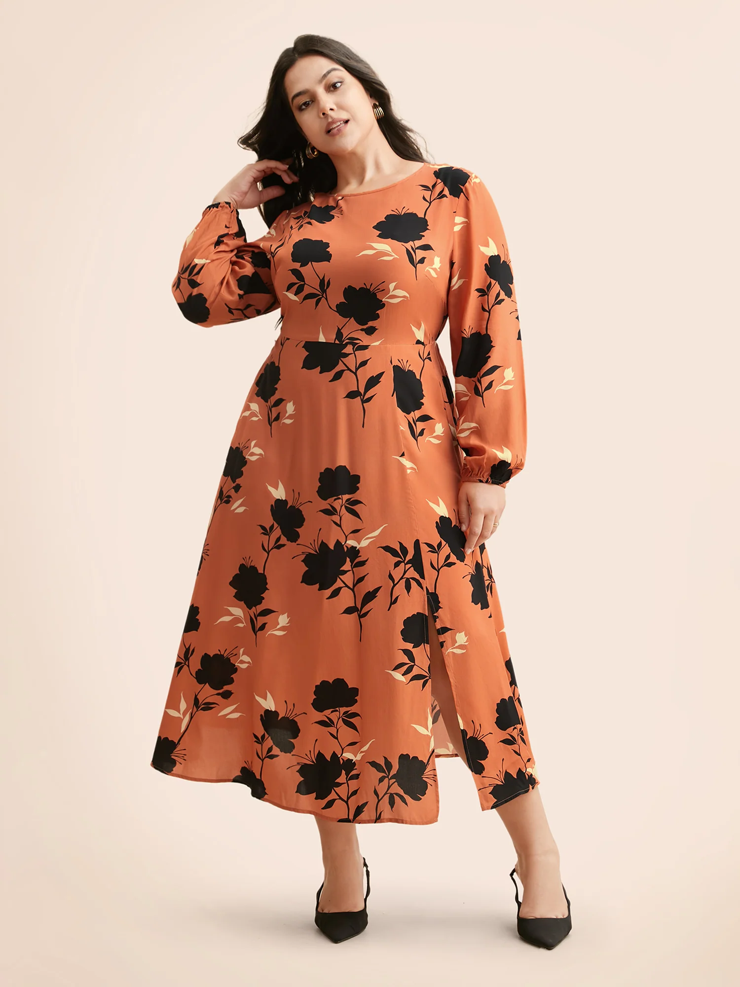Silhouette Floral Print Lantern Sleeve Slit Hem Dress - Image 2