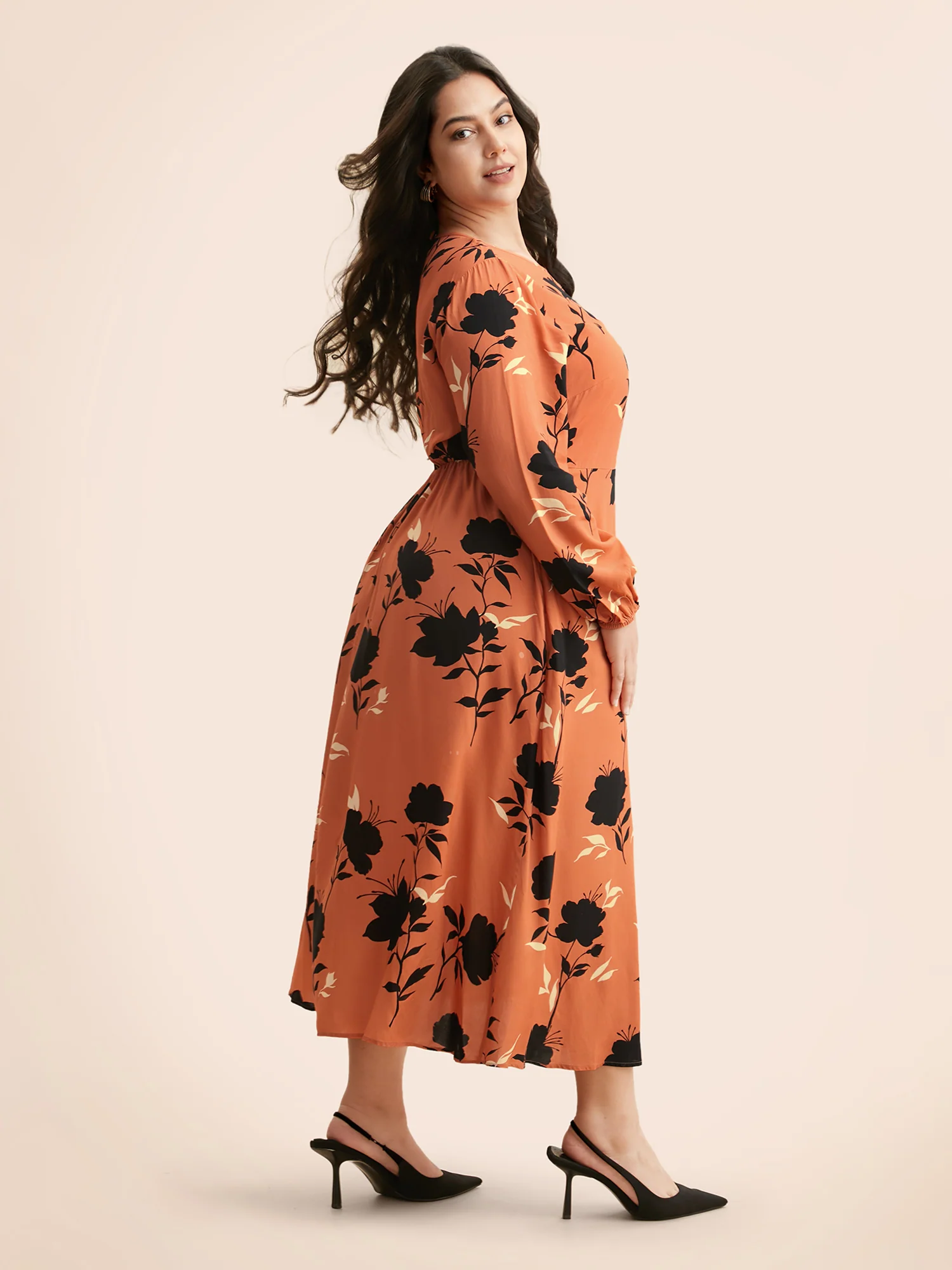 Silhouette Floral Print Lantern Sleeve Slit Hem Dress - Image 4