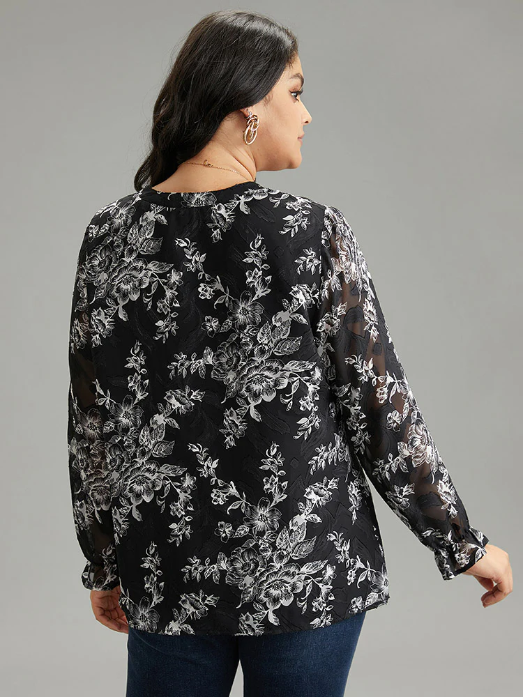 Silhouette Floral Print Mesh Chiffon Blouse - Image 2