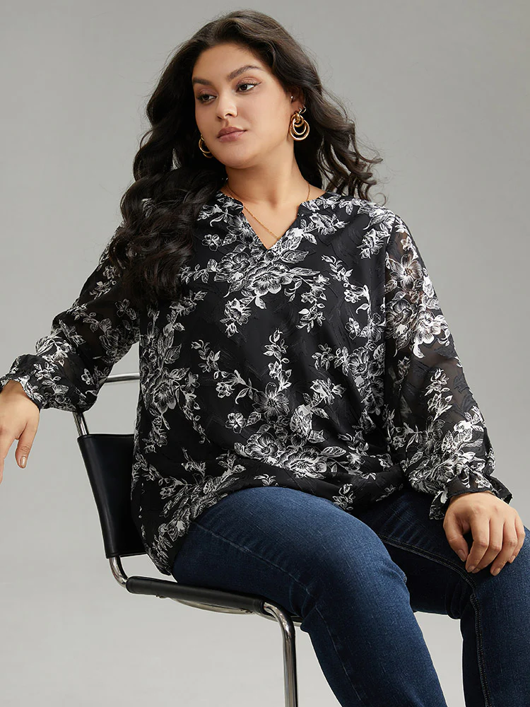 Silhouette Floral Print Mesh Chiffon Blouse - Image 3