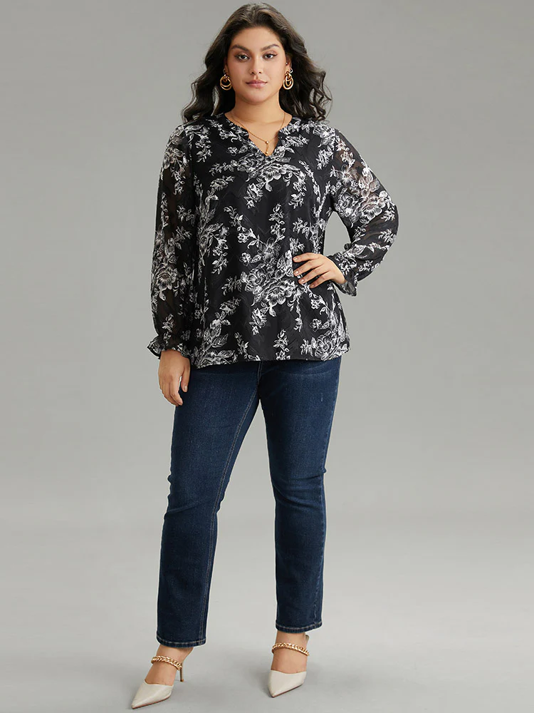 Silhouette Floral Print Mesh Chiffon Blouse - Image 4
