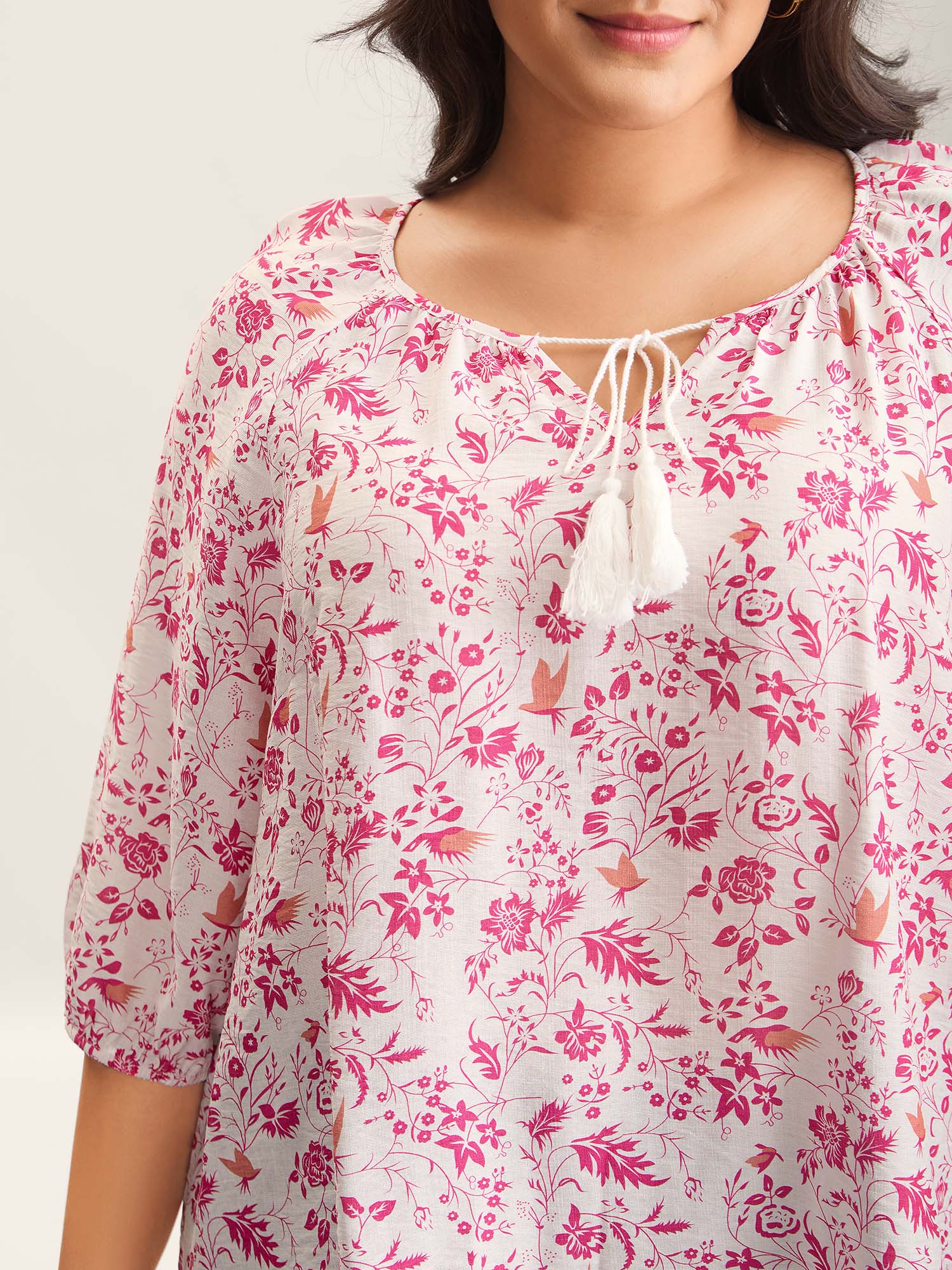 Silhouette Floral Print Neck Tassels Blouse - Image 2