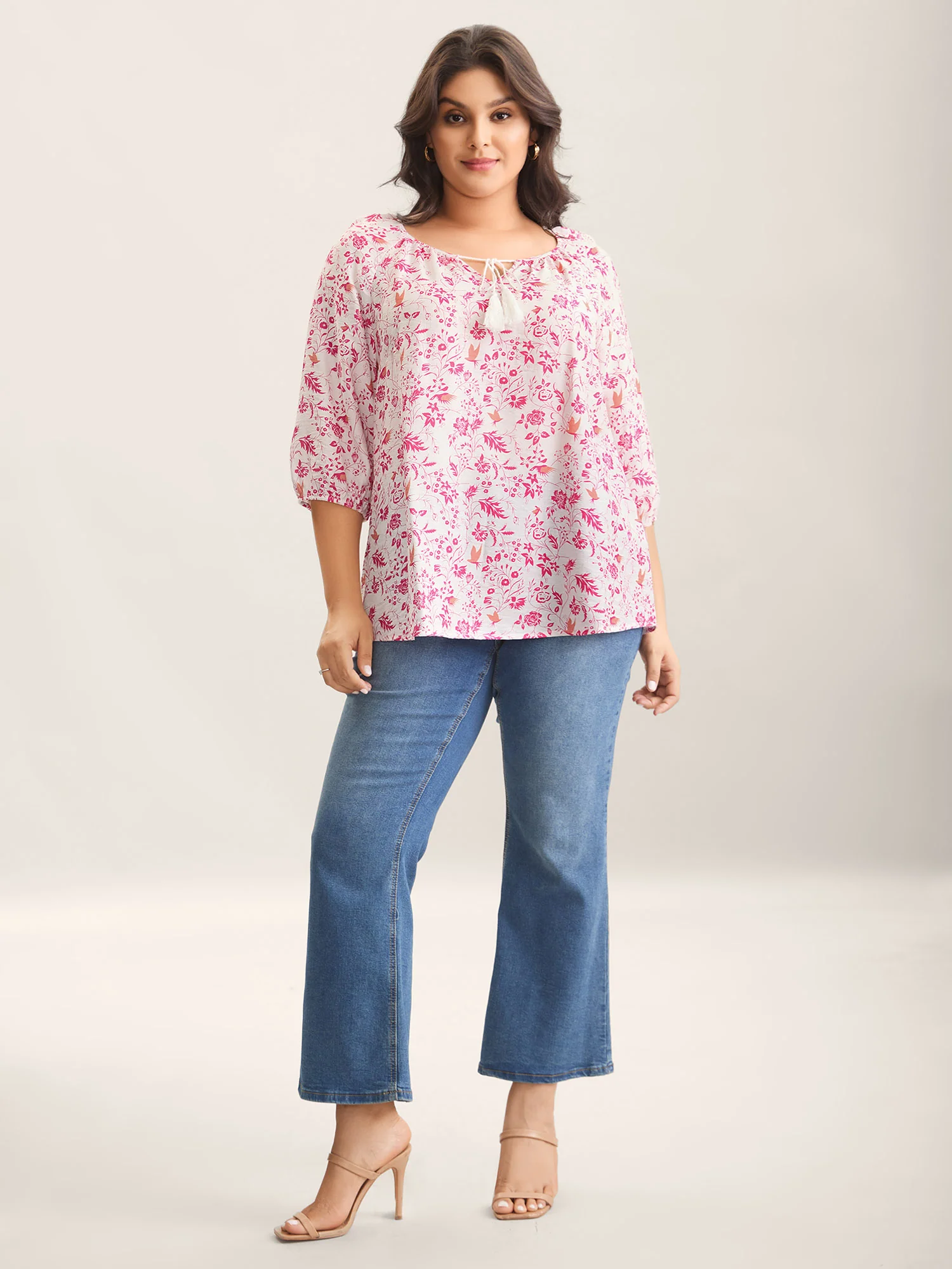 Silhouette Floral Print Neck Tassels Blouse - Image 3