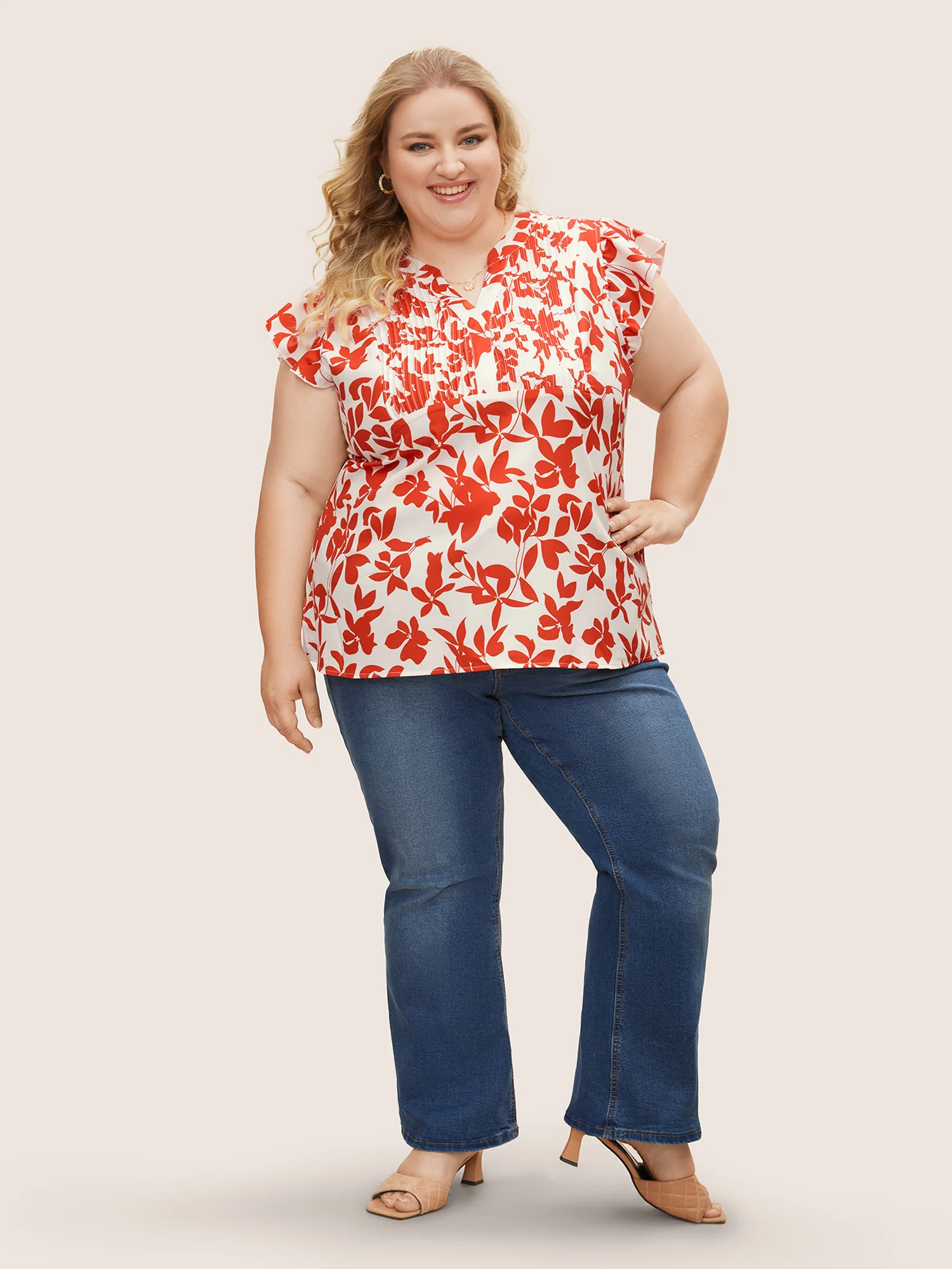 Silhouette Floral Print Notched Collar Pleated Blouse - Image 11