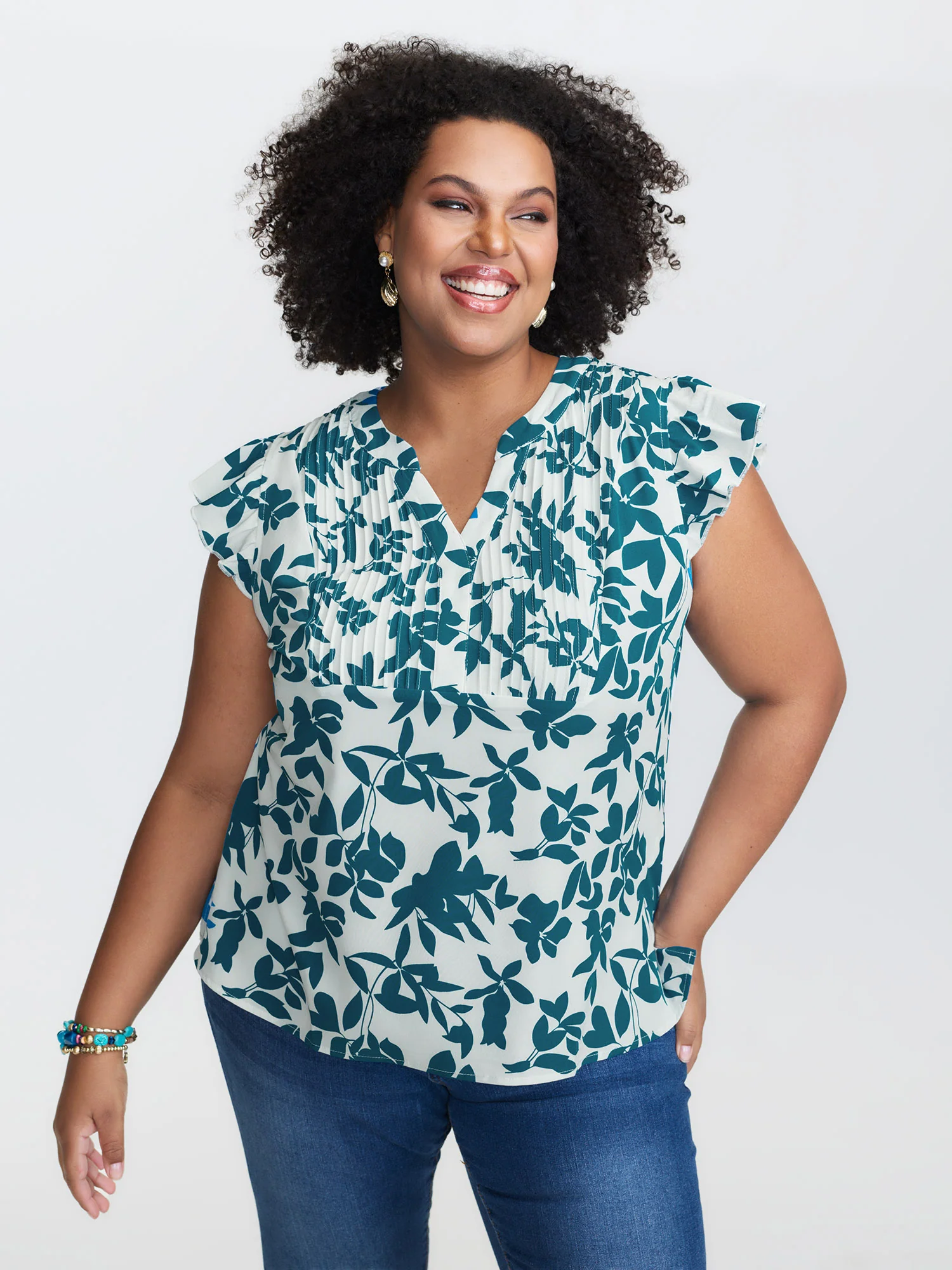 Silhouette Floral Print Notched Collar Pleated Blouse - Image 2