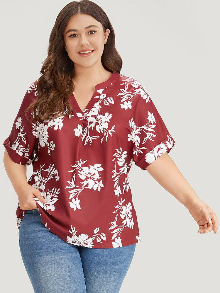 Silhouette Floral Print Notched Roll Sleeve Blouse - Image 2