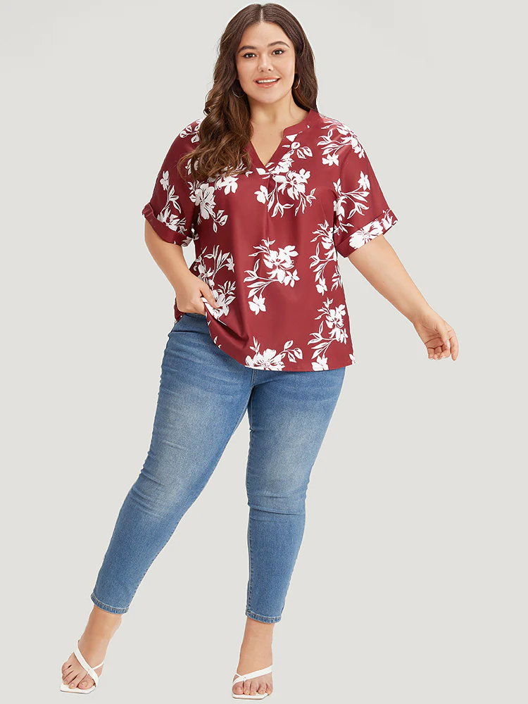 Silhouette Floral Print Notched Roll Sleeve Blouse - Image 3
