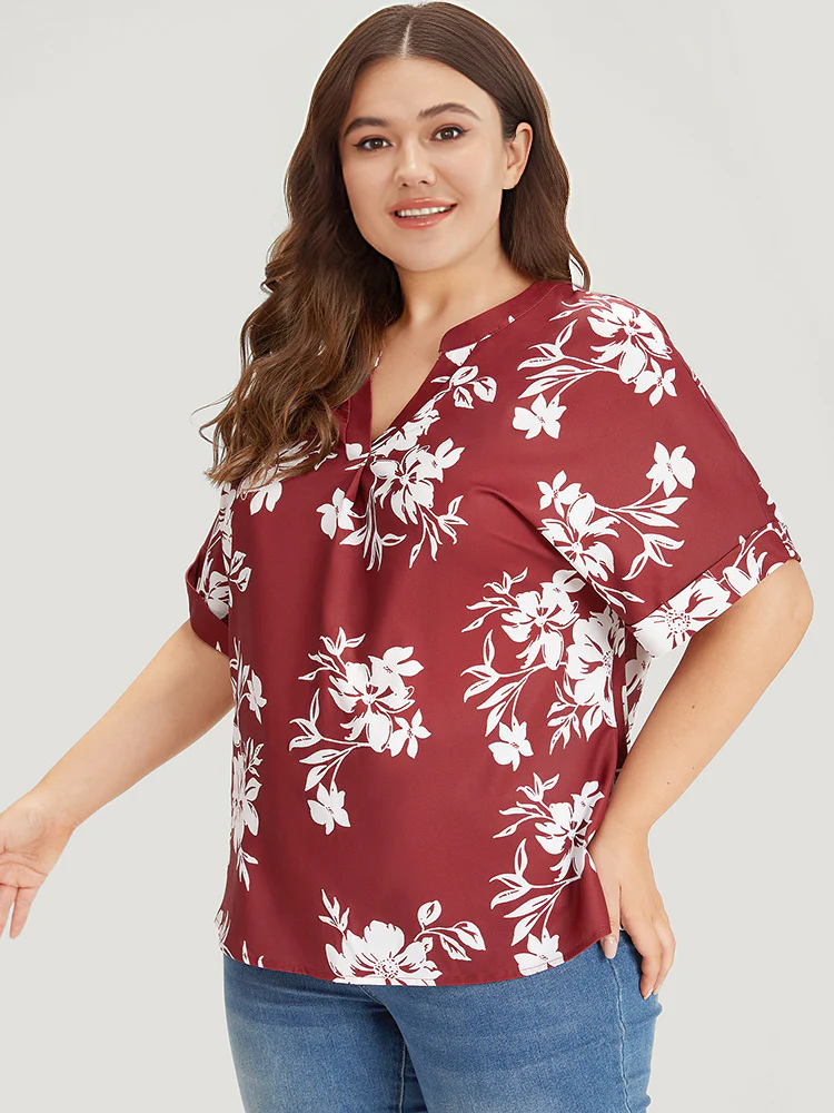 Silhouette Floral Print Notched Roll Sleeve Blouse - Image 4