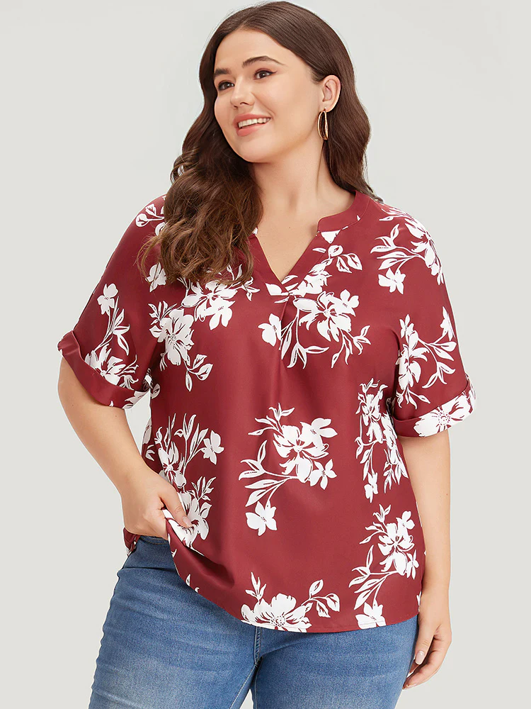 Silhouette Floral Print Notched Roll Sleeve Blouse - Image 5
