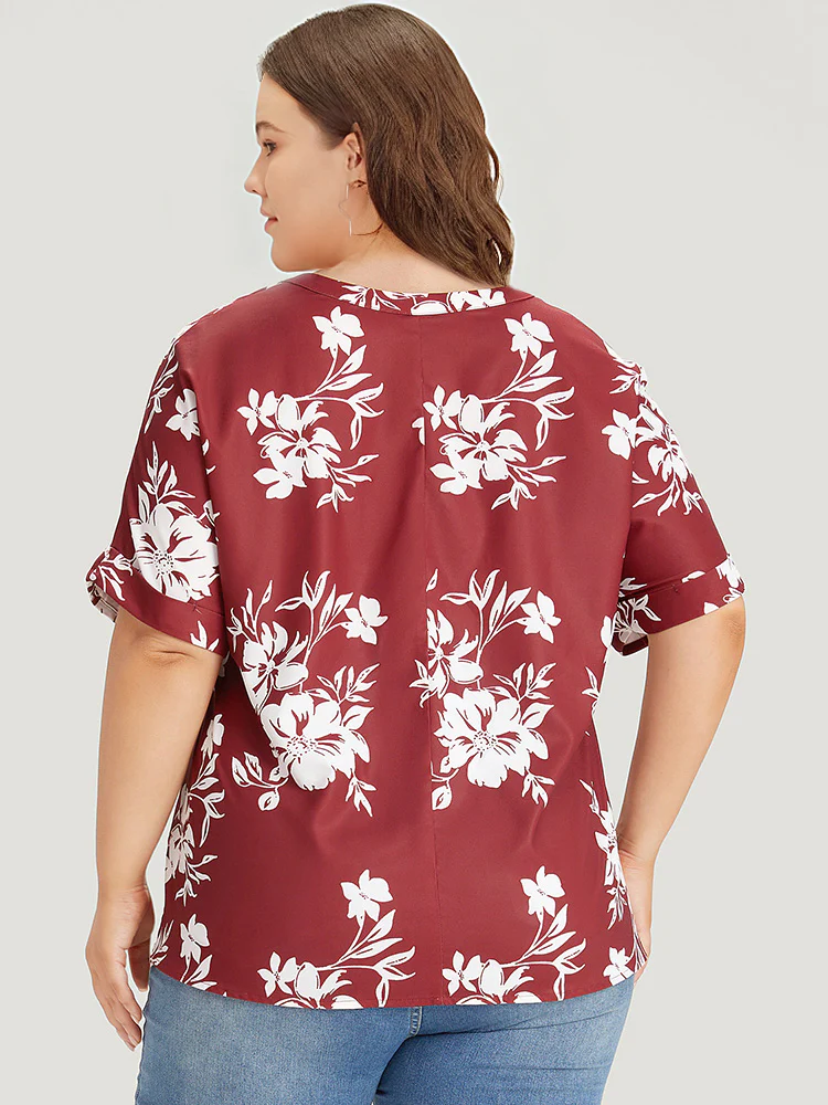 Silhouette Floral Print Notched Roll Sleeve Blouse - Image 6