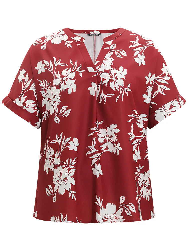 Silhouette Floral Print Notched Roll Sleeve Blouse - Image 9