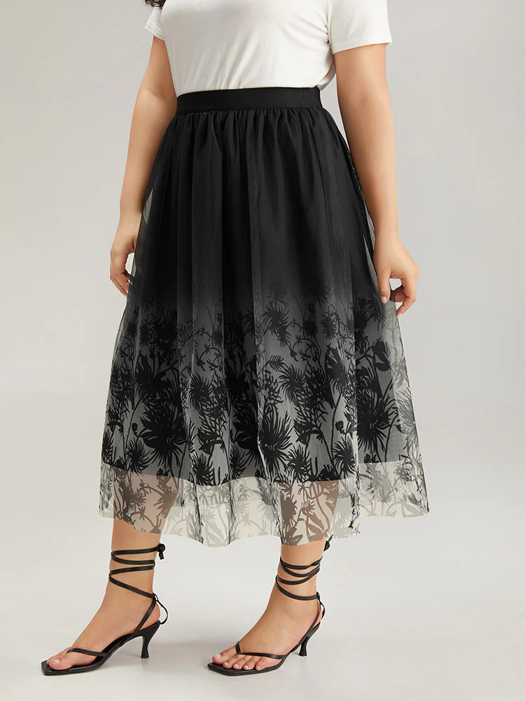 Silhouette Floral Print Ombre Mesh Skirt - Image 3
