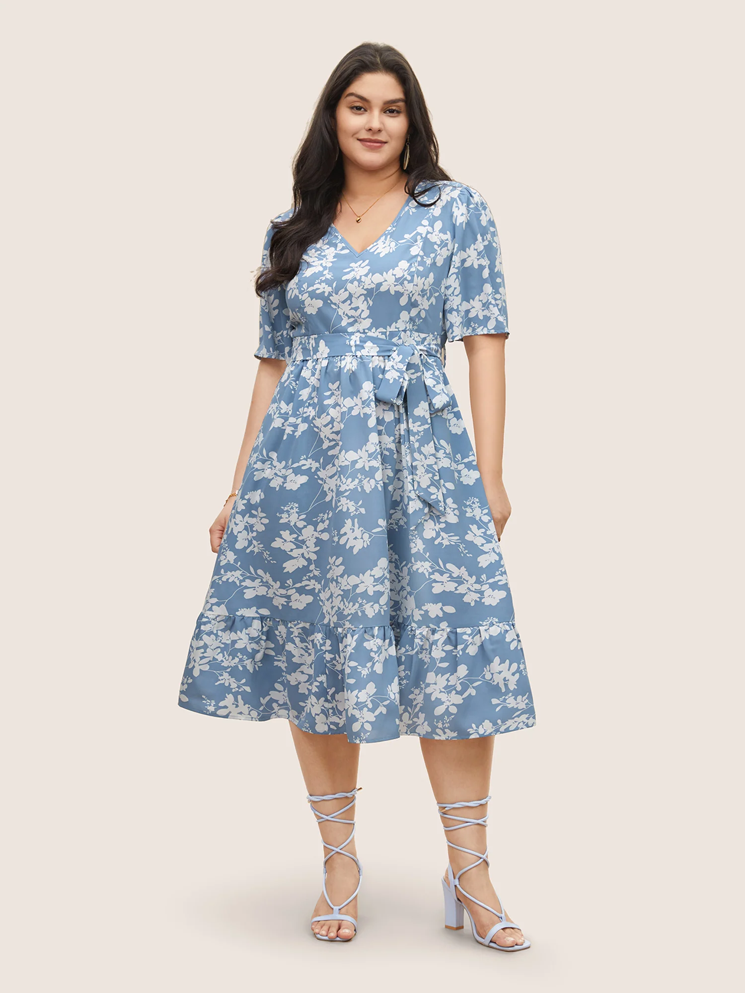 Silhouette Floral Print Patchwork Elastic Waist Dress - Image 3