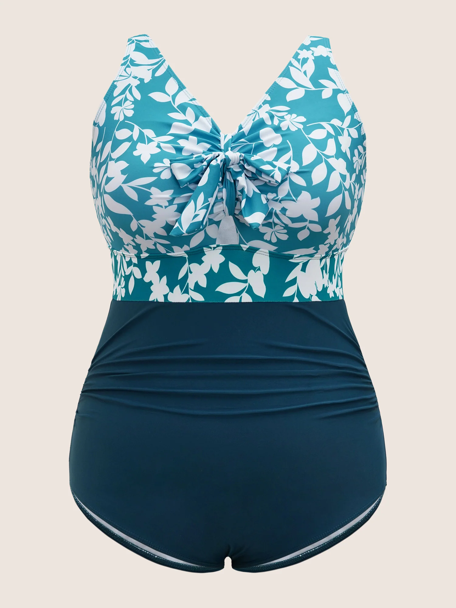 Silhouette Floral Print Patchwork Gathered One Piece Swimsuit - Image 6