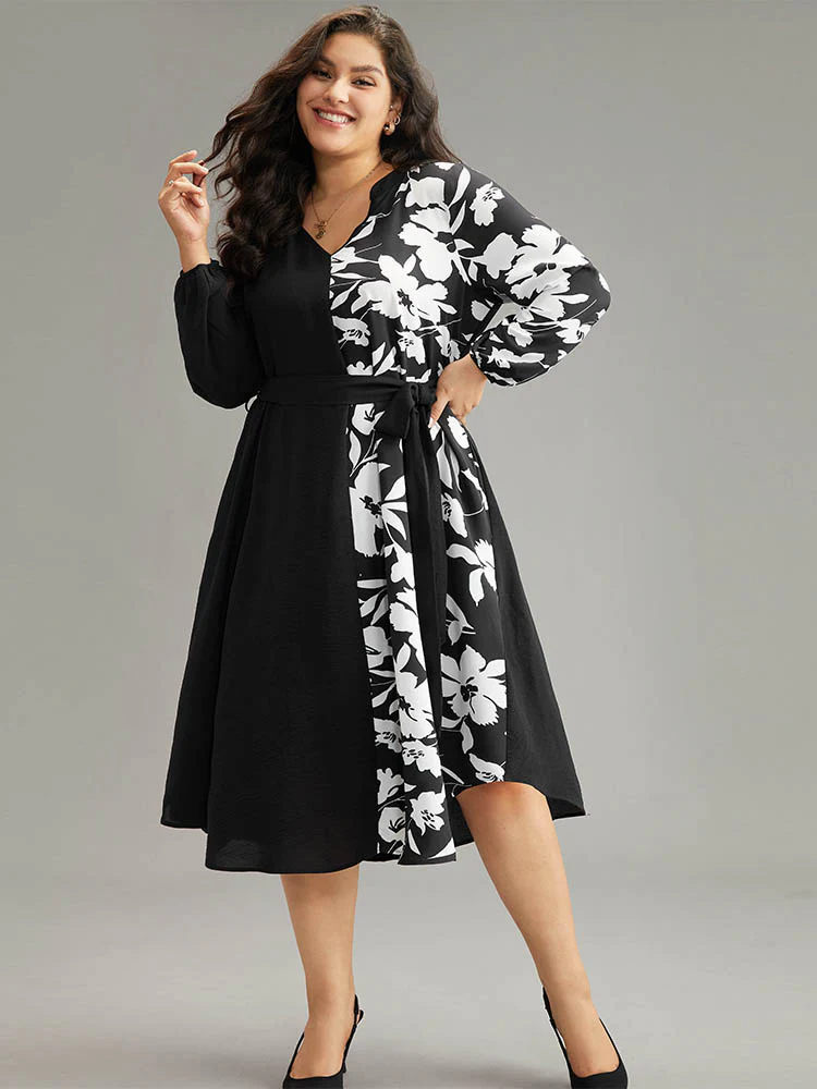 Silhouette Floral Print Patchwork Pocket Dress