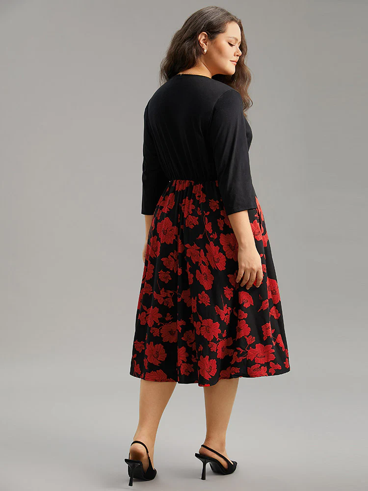 Silhouette Floral Print Patchwork Surplice Neck Dress - Image 2