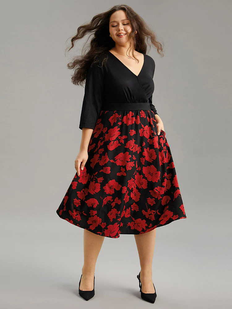 Silhouette Floral Print Patchwork Surplice Neck Dress - Image 4
