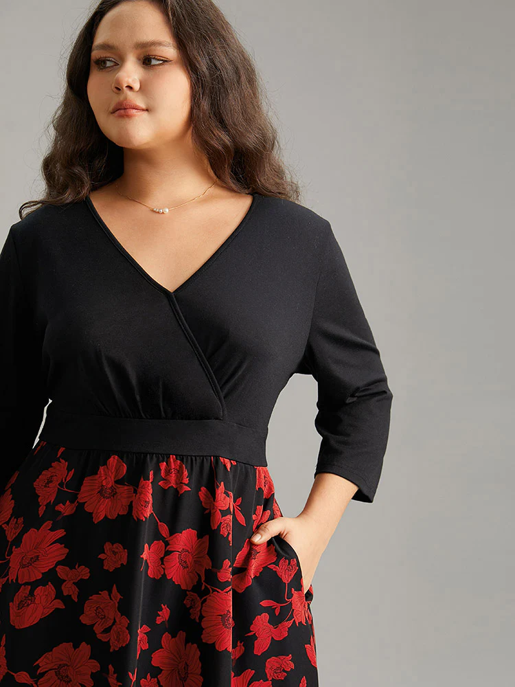 Silhouette Floral Print Patchwork Surplice Neck Dress - Image 6