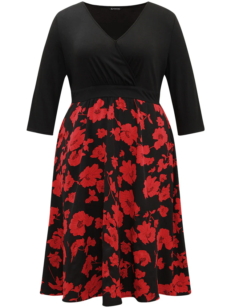 Silhouette Floral Print Patchwork Surplice Neck Dress - Image 7