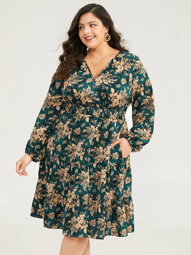 Silhouette Floral Print Surplice Neck Shirred Dress - Image 2