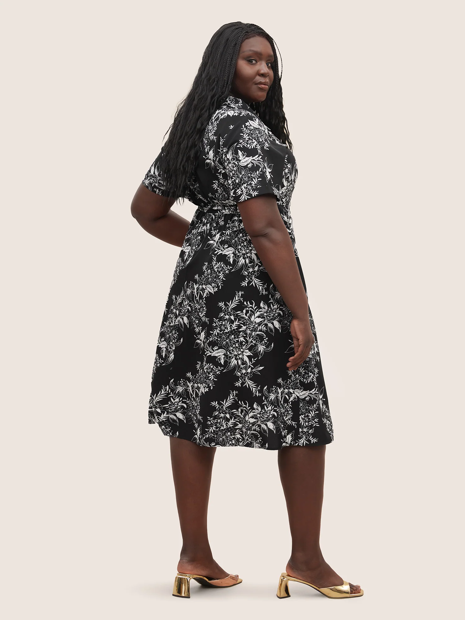 Silhouette Floral Print Ties Lapel Collar Dress - Image 3
